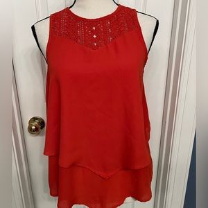 Monteau Red Sleeveless layer blouse. Crochet top design. NWOT.